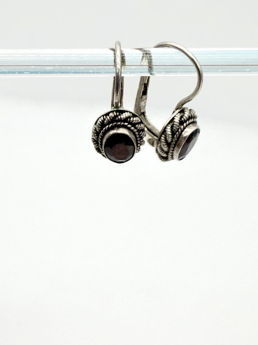 Sterling Silver Drop Earrings with Garnet Gems braided filigree halo 925