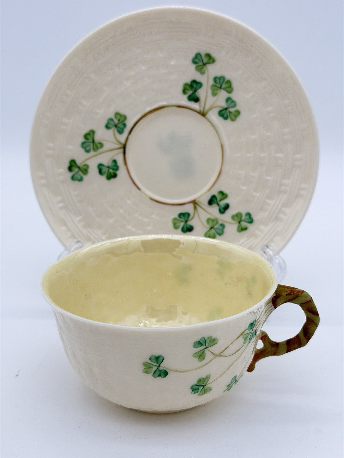 Belleek Irish Porcelain Shamrock Teacup & Saucer 5th Green Mark 1955–1965