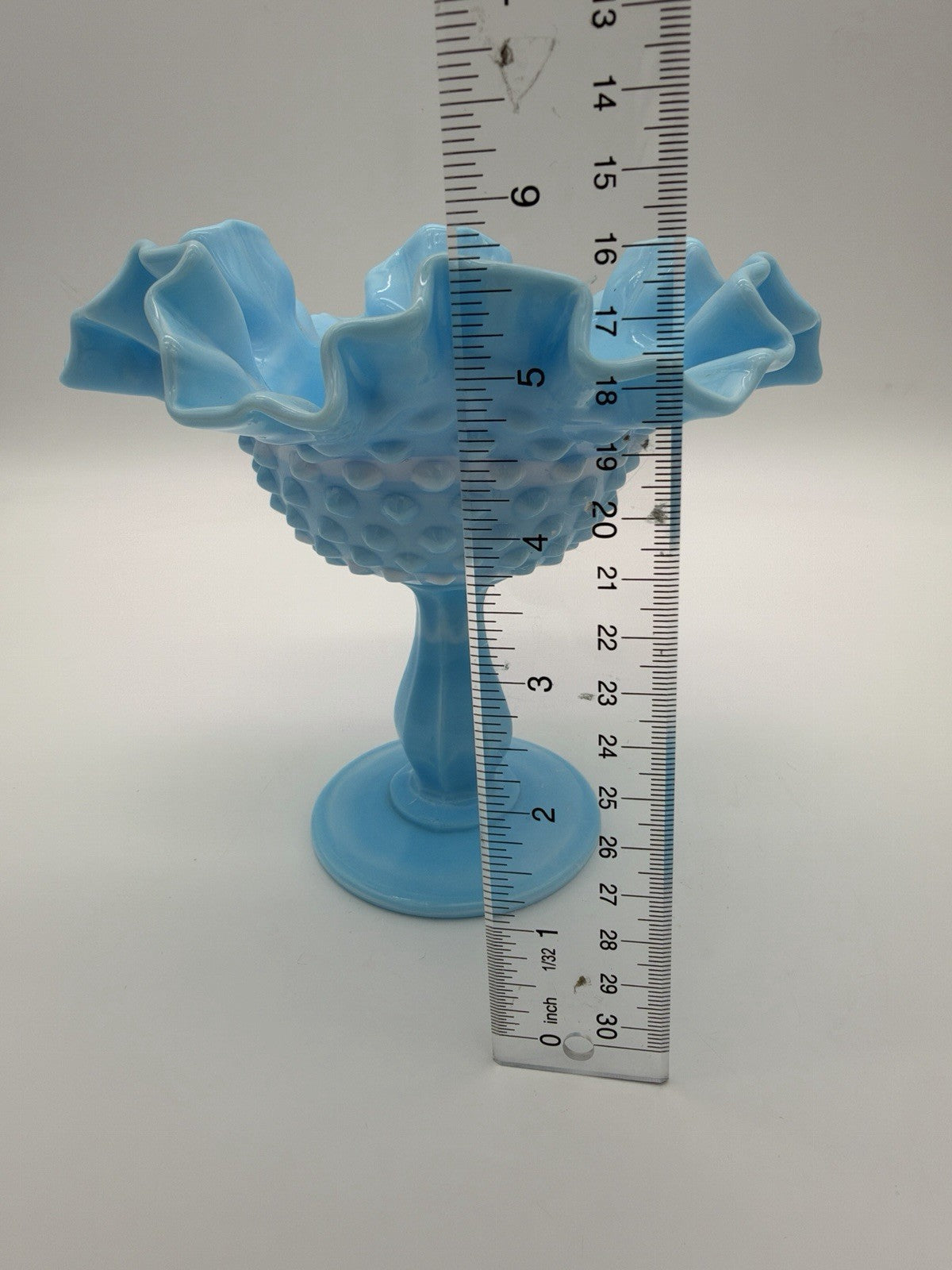 Fenton Blue White Slag Glass Hobnail Pedestal Compote Vtg Ruffled Edge 5.5”x6”