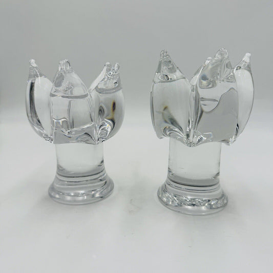 Vintage 2 Kosta Boda Goran Warff Clear Glass Candlestick Holders 5.25” Signed