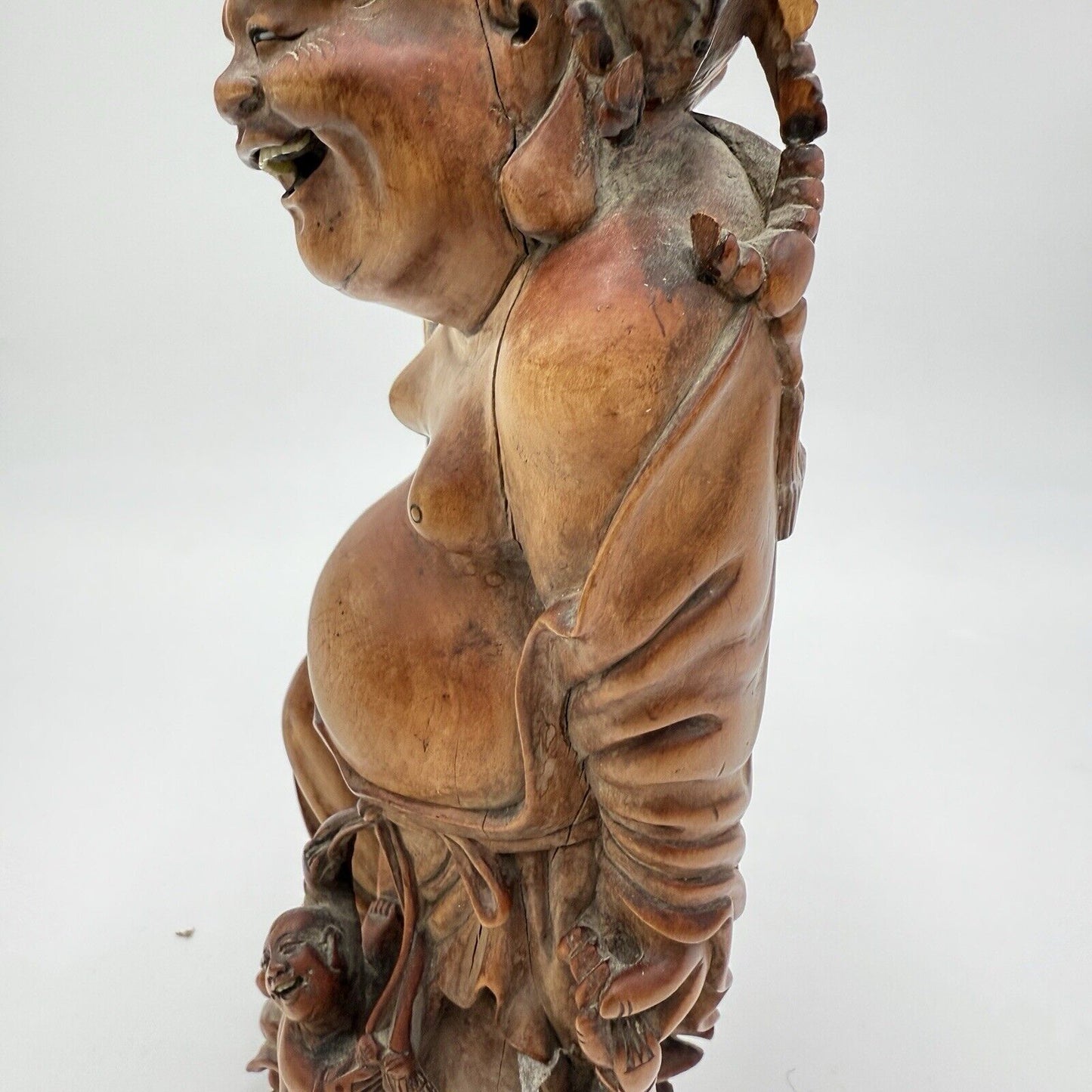 Antique Fine Hand Carved Laughing Buddha Chinese Figurine Folk Art 9.5” Solid