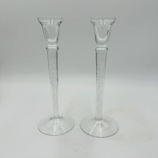 Vintage Air Twist Double Helix Candlestick Candle Holder Hand Blown Pair 10"h