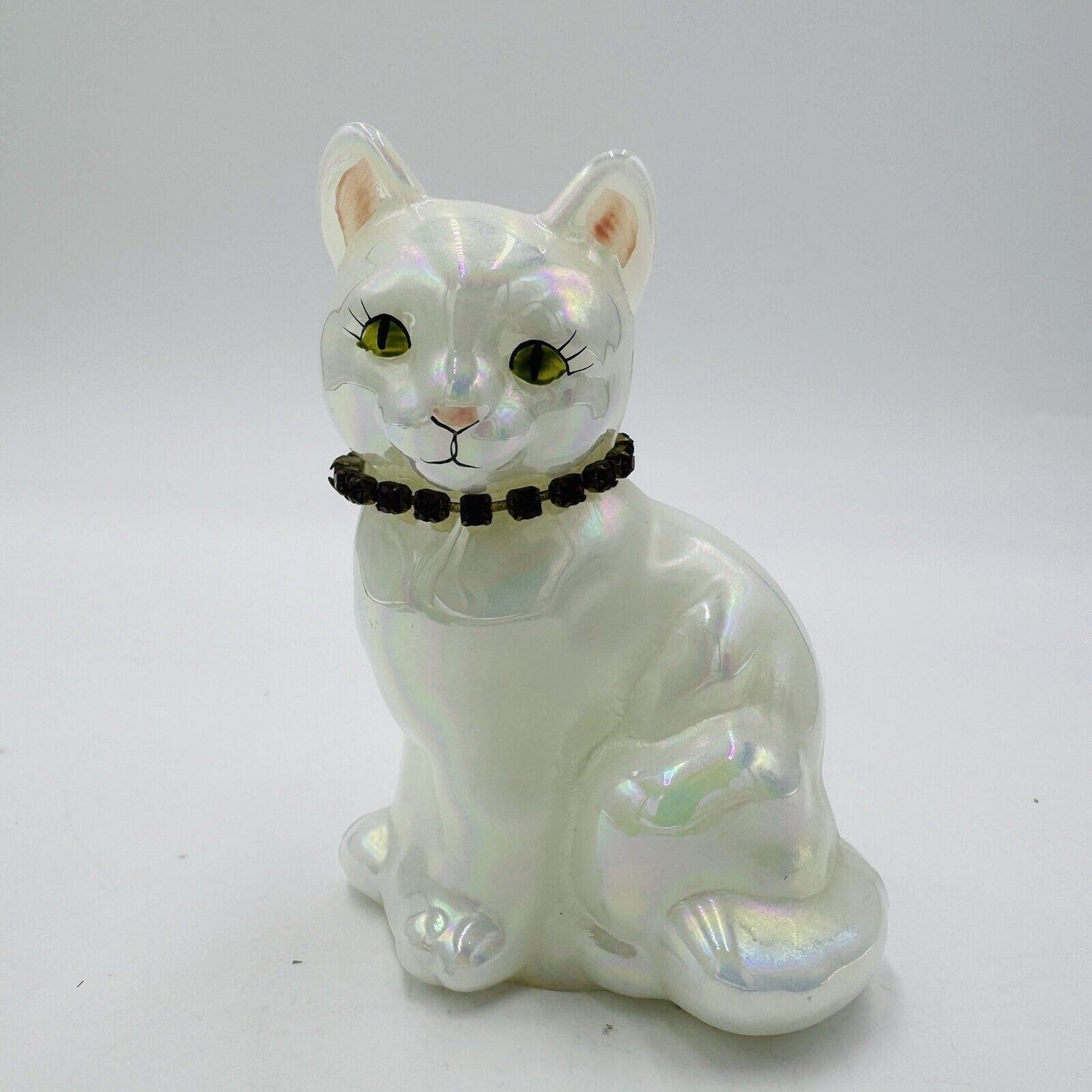 Vintage Fenton Art Glass Birthday Cat Iridescent  Figurine Signed