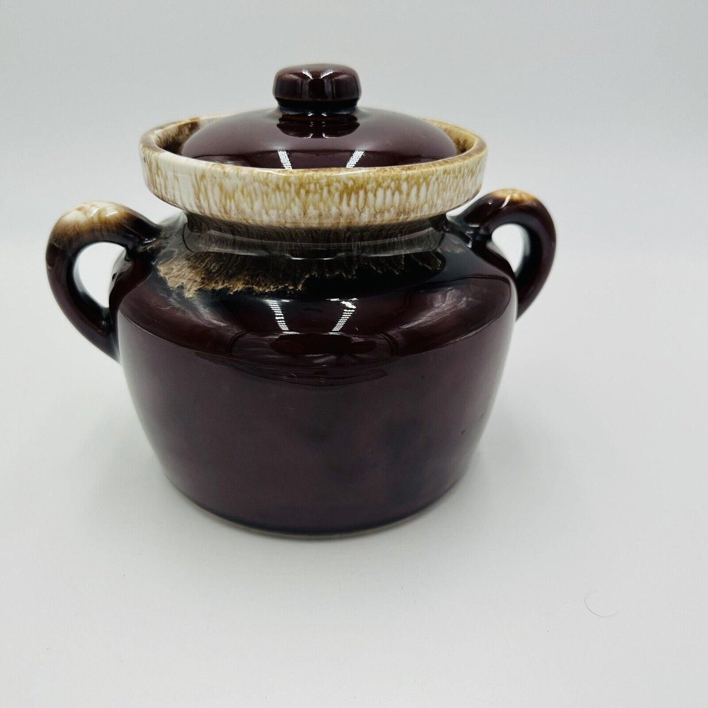 McCoy Pottery Bean Pot Brown Drip Glaze Lidded Handled #341 Vintage USA