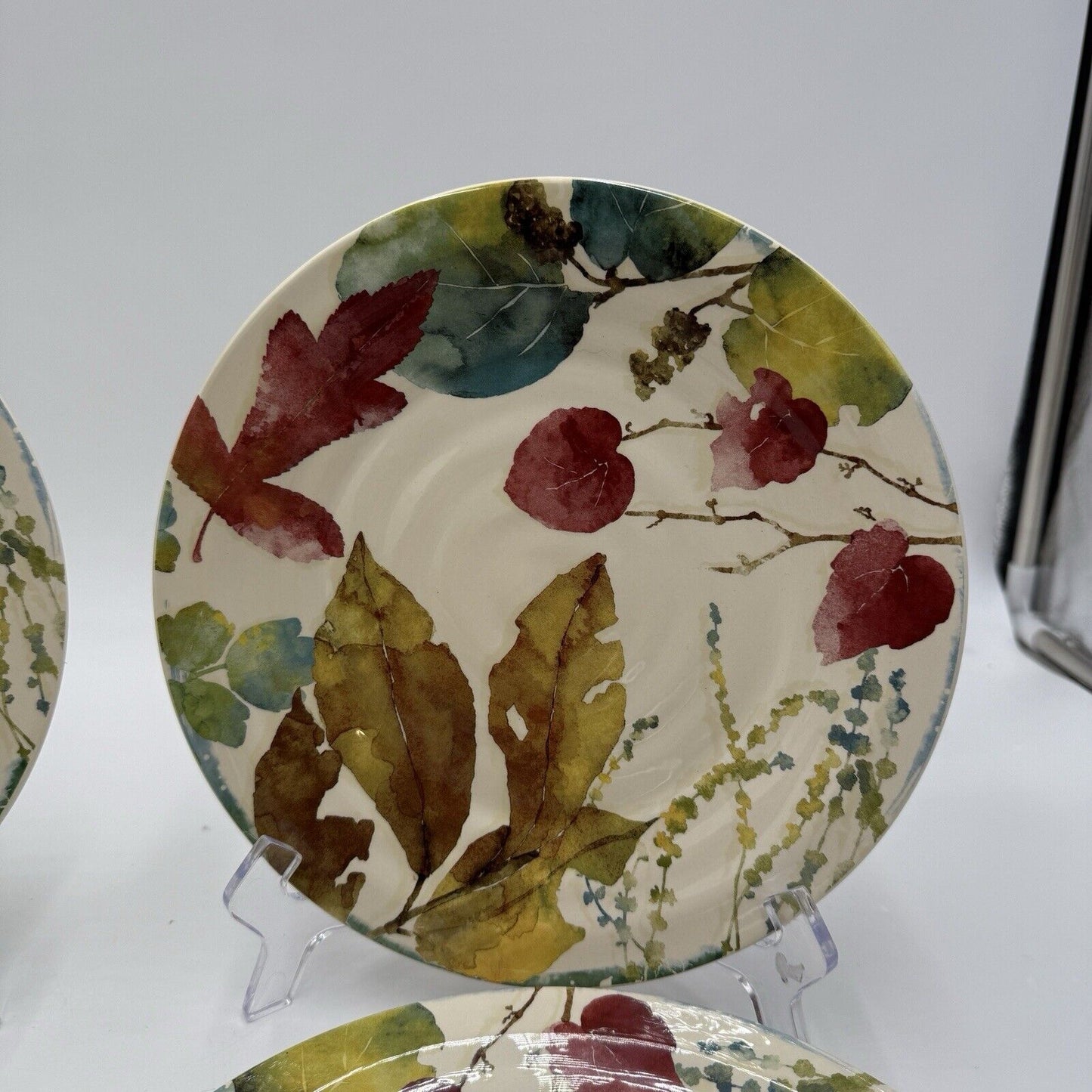 Pier 1 Imports WILLOW Dinner Plates Set 4 11” Fall Leaves Ironstone Ceramic