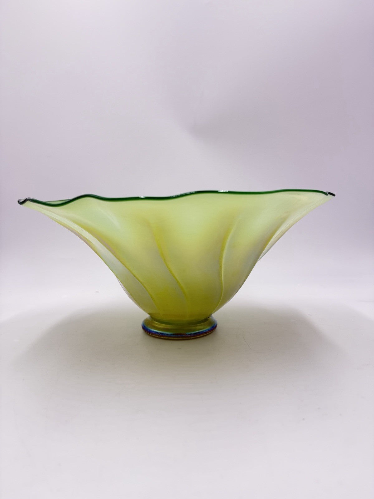 Rick Strini Art Glass Signed Green Lime Iridescent Swirl Bowl 2001 5.5”Hx12”W