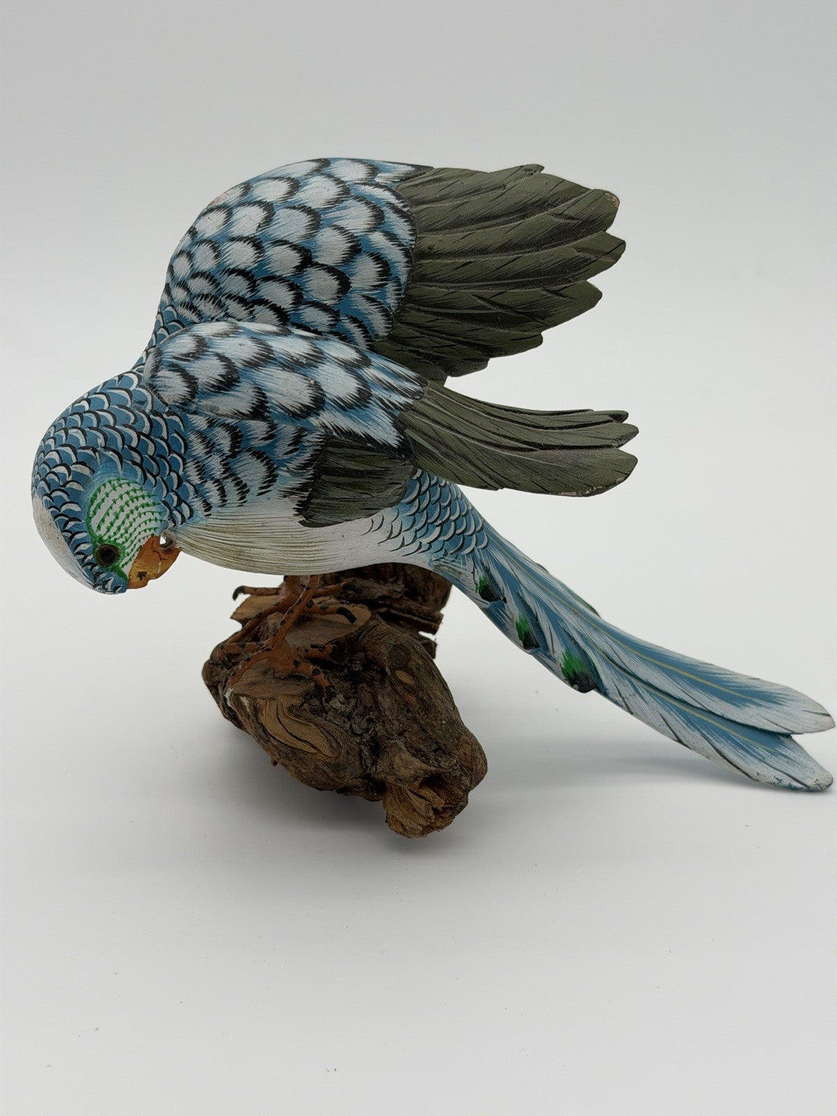 Folk Art Wood Carved Painted Parakeet Wall Hanging Figurine