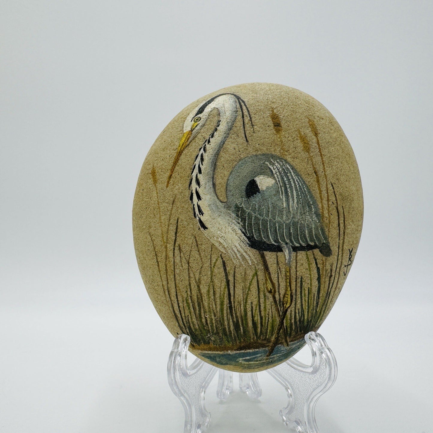 Original Oil Painting On Rock Heron Signed 5in Oval Smooth Nature Artwork Canada