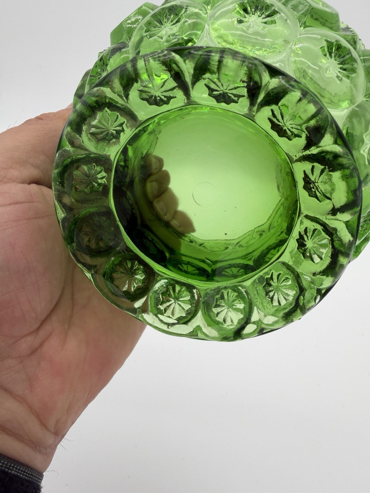 MCM LE Smith Art Glass Moon & Stars Lidded Compote / Candy Dish Green Emerald
