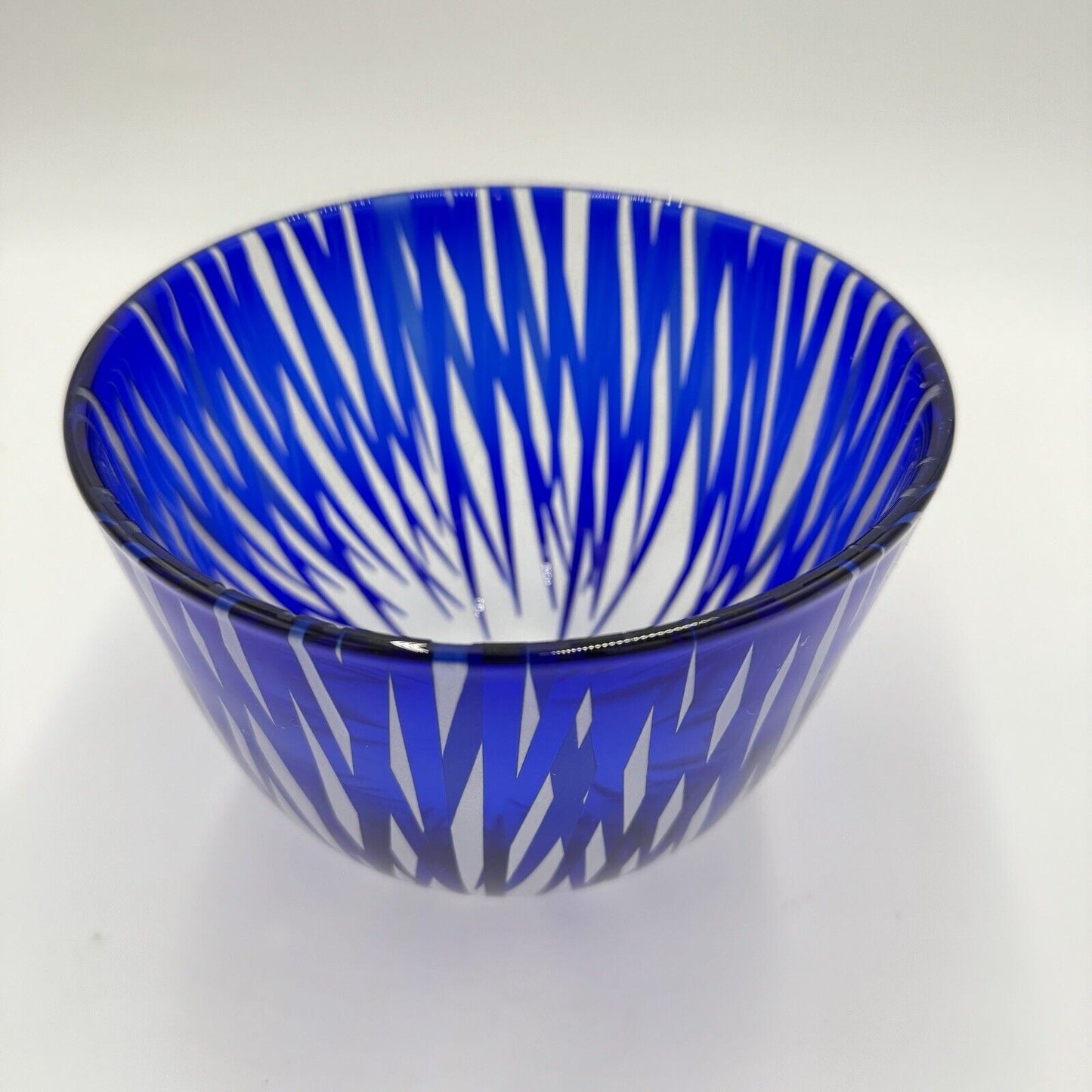 Engebretson Nielsen Art Glass Bowl Cobalt Interior Cut To Clear Signed 5”x6.5”