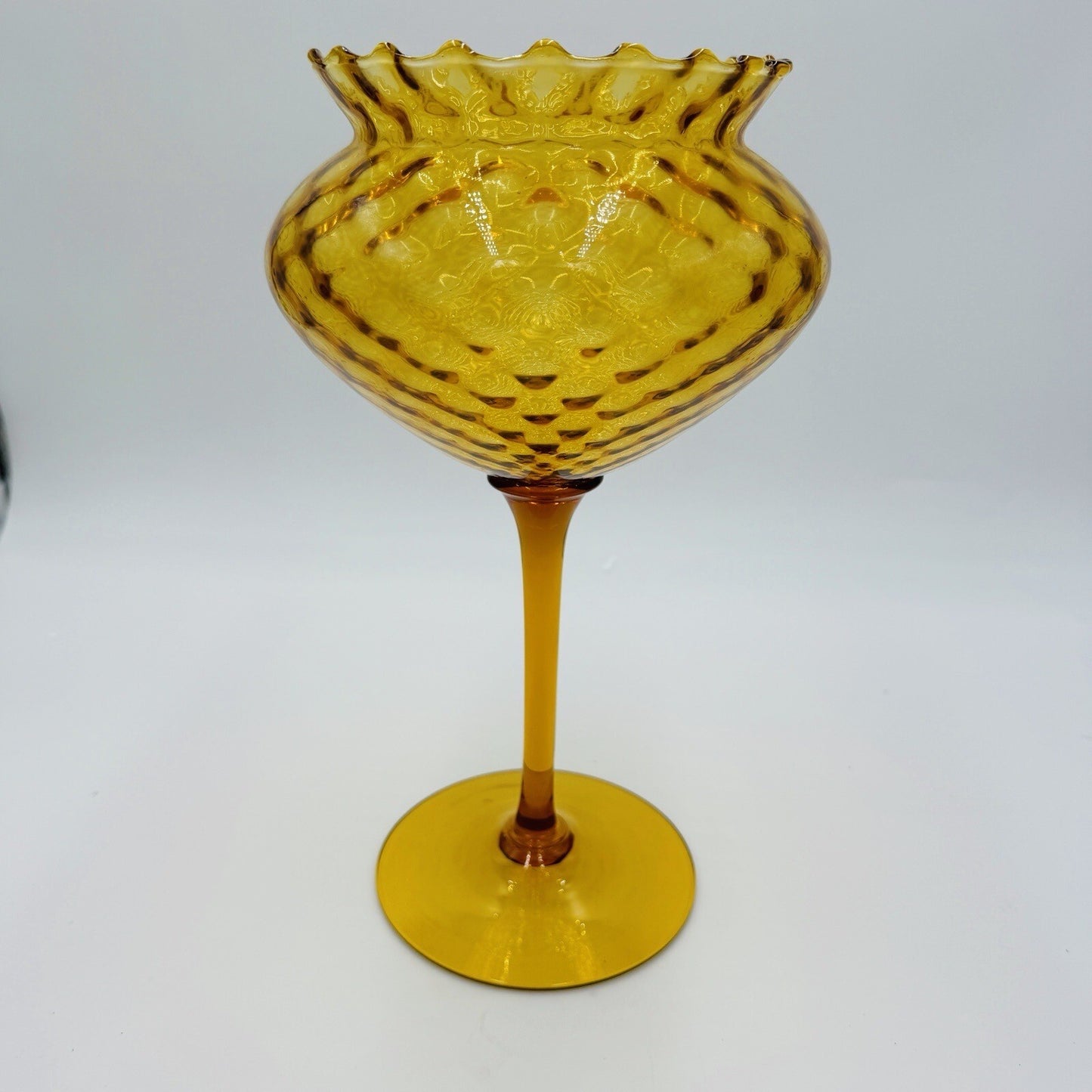 Italian Empoli amber glass diamond optic tall compote 12in