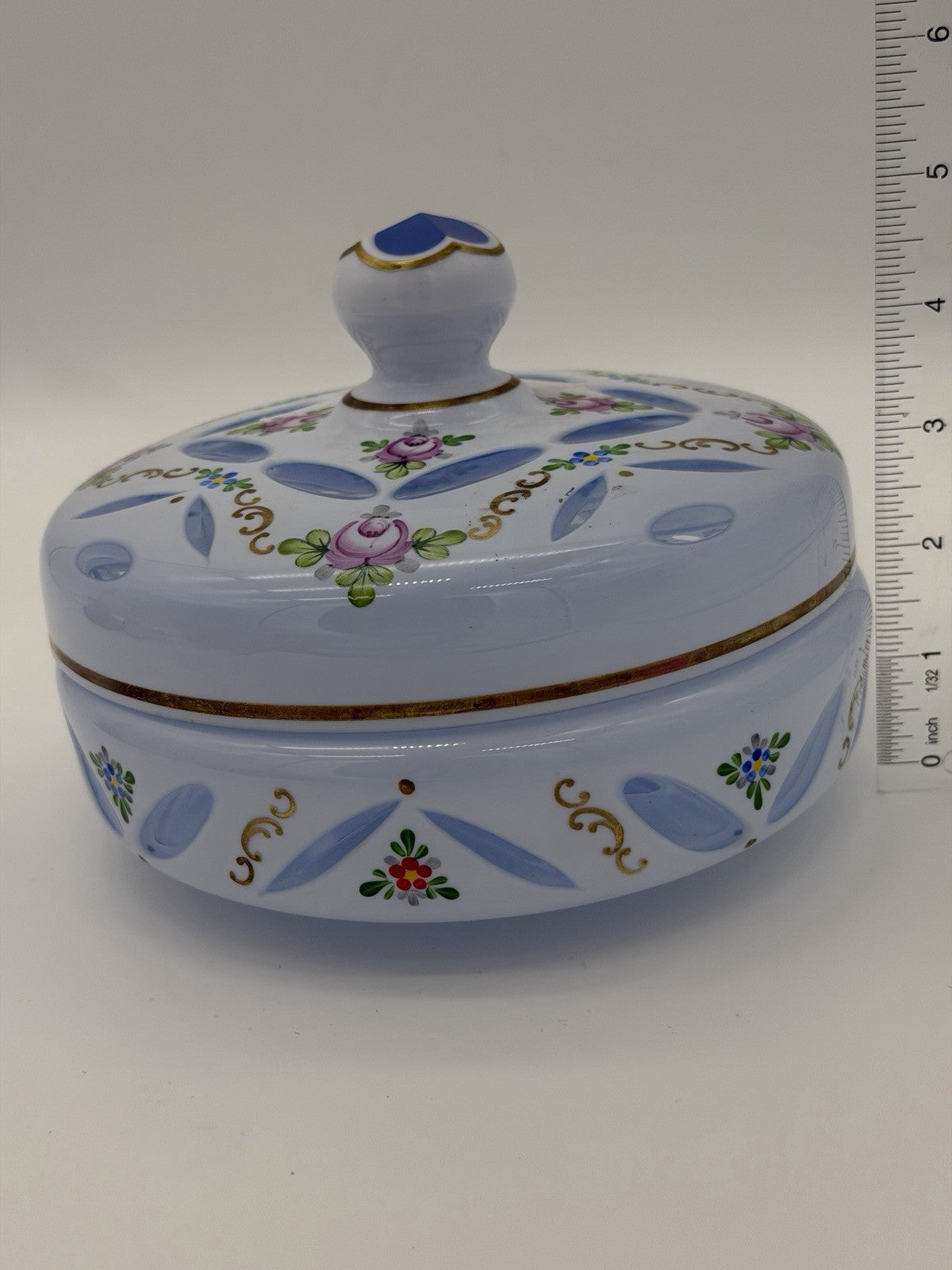 Czech Bohemian Baby Blue Cased to Blue Art Glass Lidded Candy Dish Large 6”x5”