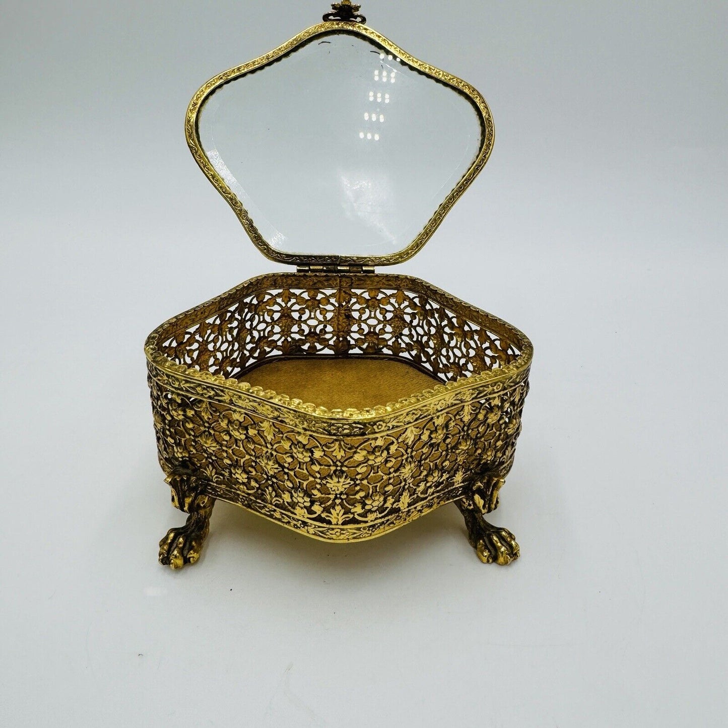 French Beveled Glass Gold Filigree Ormolu Jewelry Casket Box Claw Foot Vintage