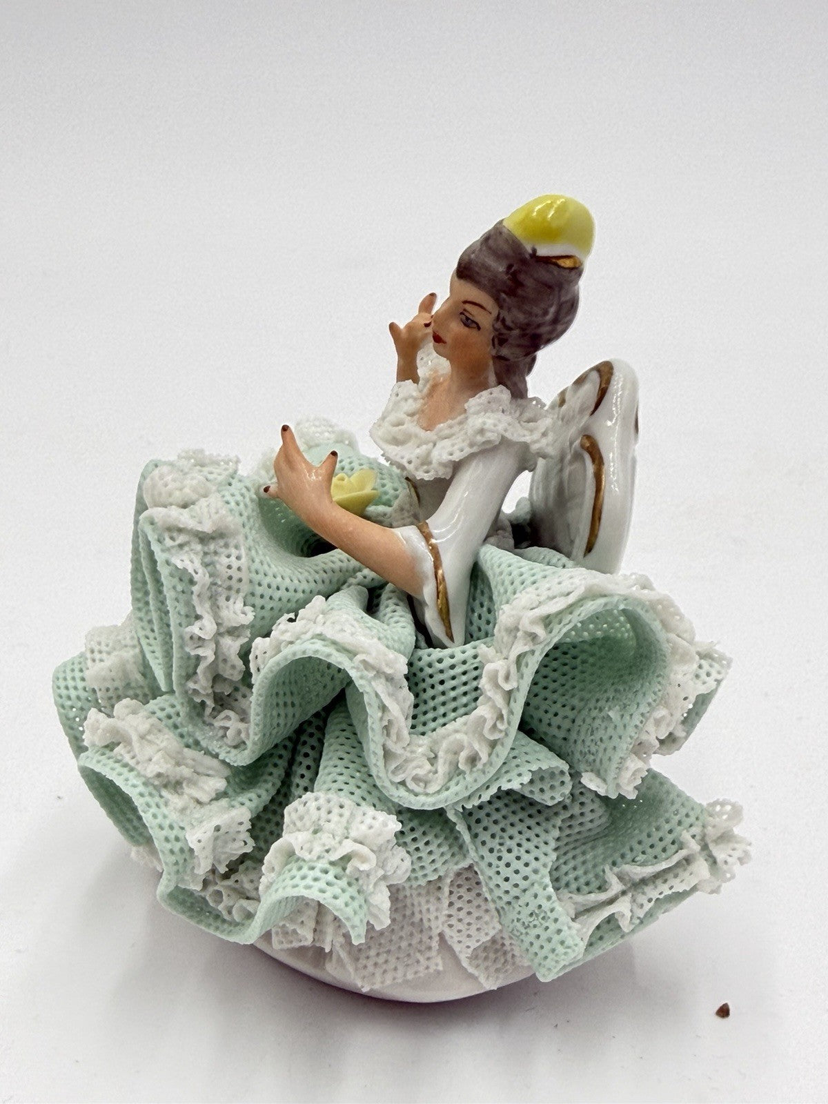 Vtg Dresden Germany Porcelain Victorian Lady Seated Green Lace Dress Figurine 3”
