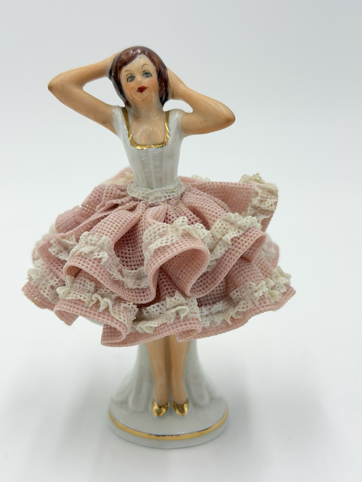 Vintage Dresden Porcelain Lace Victorian Lady Figurine Pink Dress 4” Germany