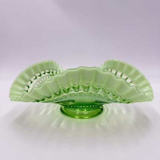 Vintage 1905 Jefferson Art Glass Astro Green Opalescent Art Bowl Ruffled Rim 8"