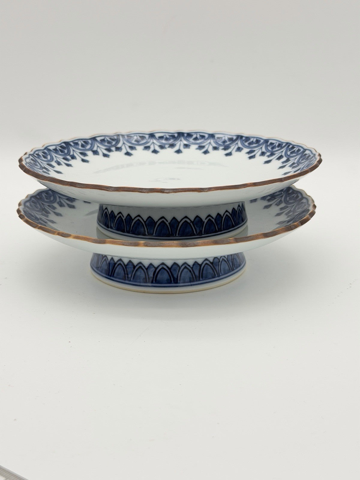 Antique Arita Japan Porcelain Blue /white Pedestal Painted Footed Serving Dish