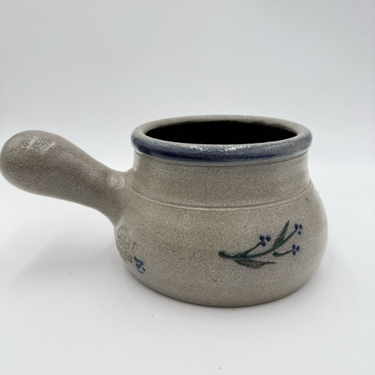 Rowe Pottery Works Salt Glazed Soup Crock Bowl Salt Glaze Blue Floral Design 9”