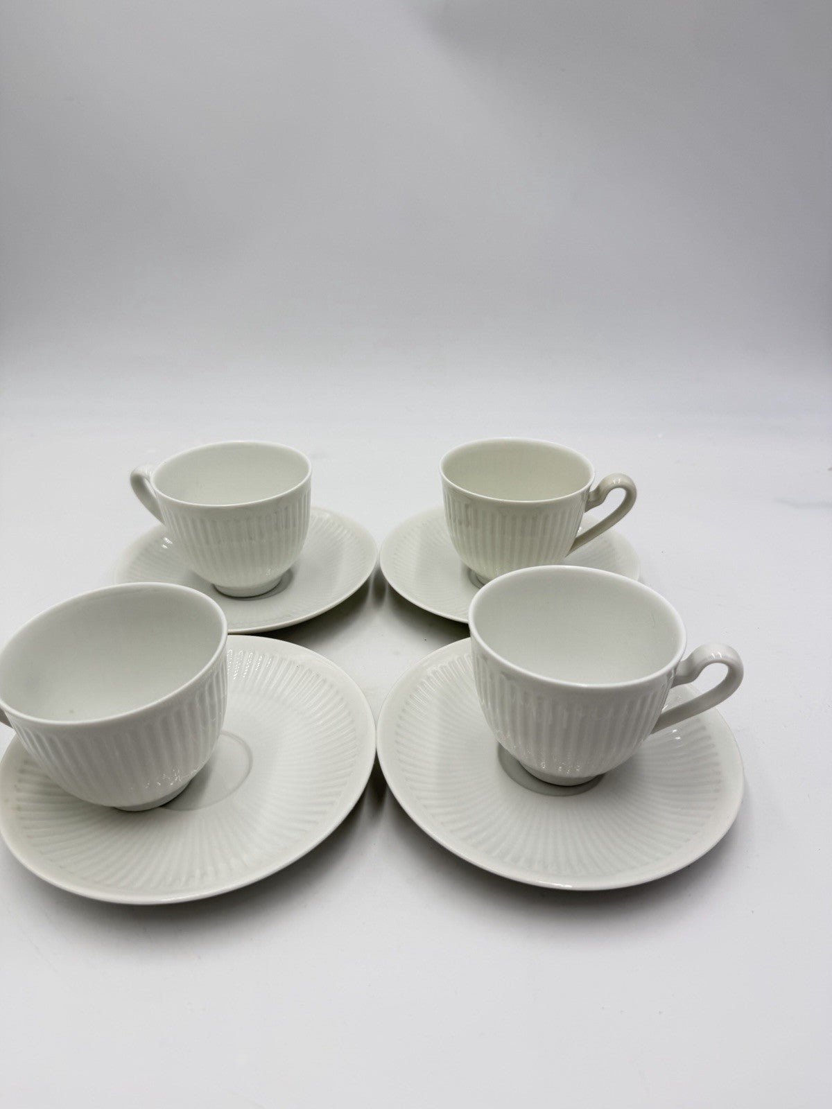 Royal Copenhagen Denmark White Georgiana Flat Demitasse Cups & Saucers 4 Sets