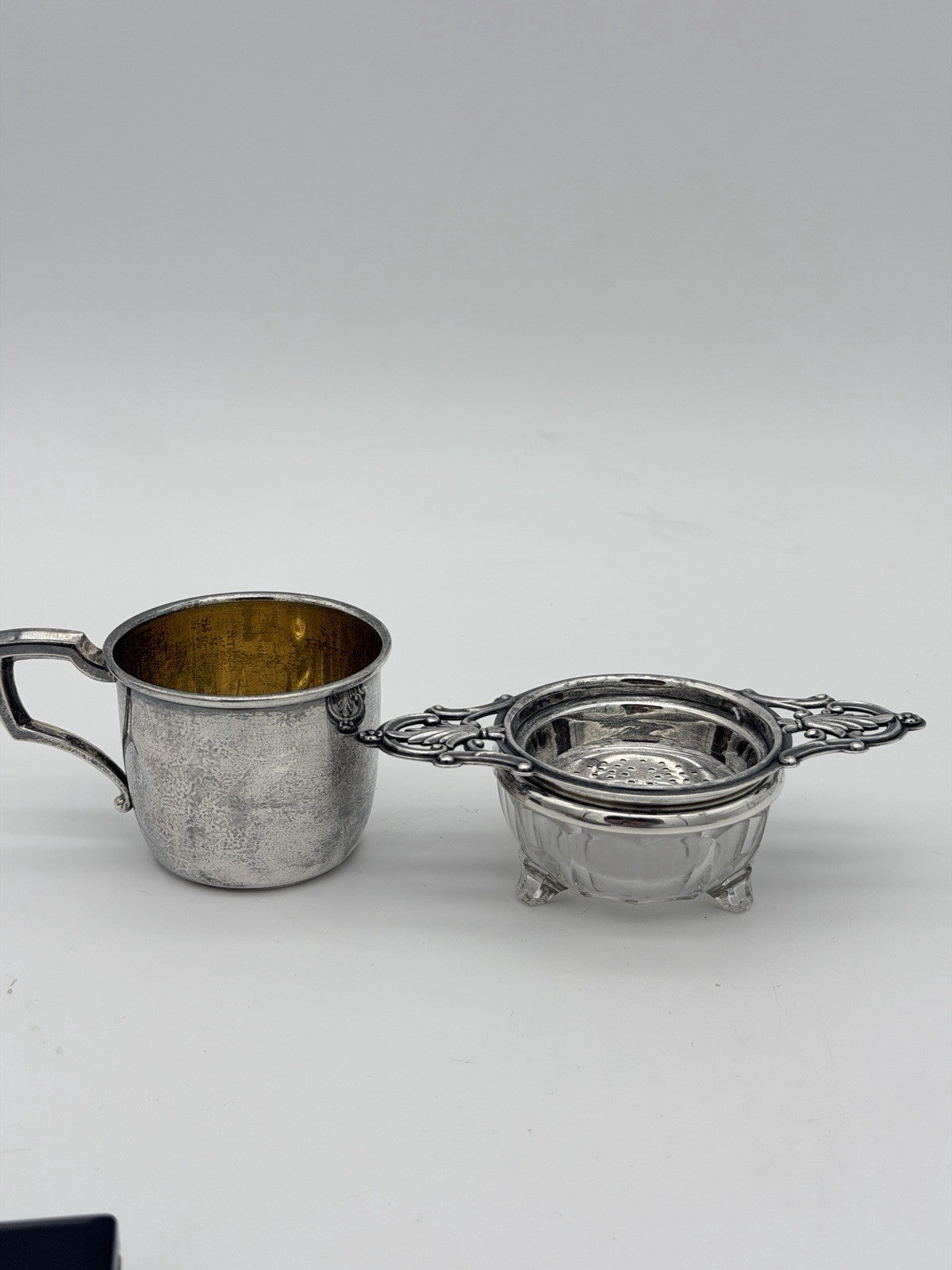 Antique Art Deco Sterling Silver Tea Strainer & Stand & Cup Webster Set Complete