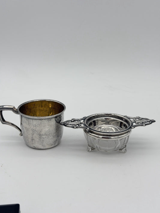 Antique Art Deco Sterling Silver Tea Strainer & Stand & Cup Webster Set Complete