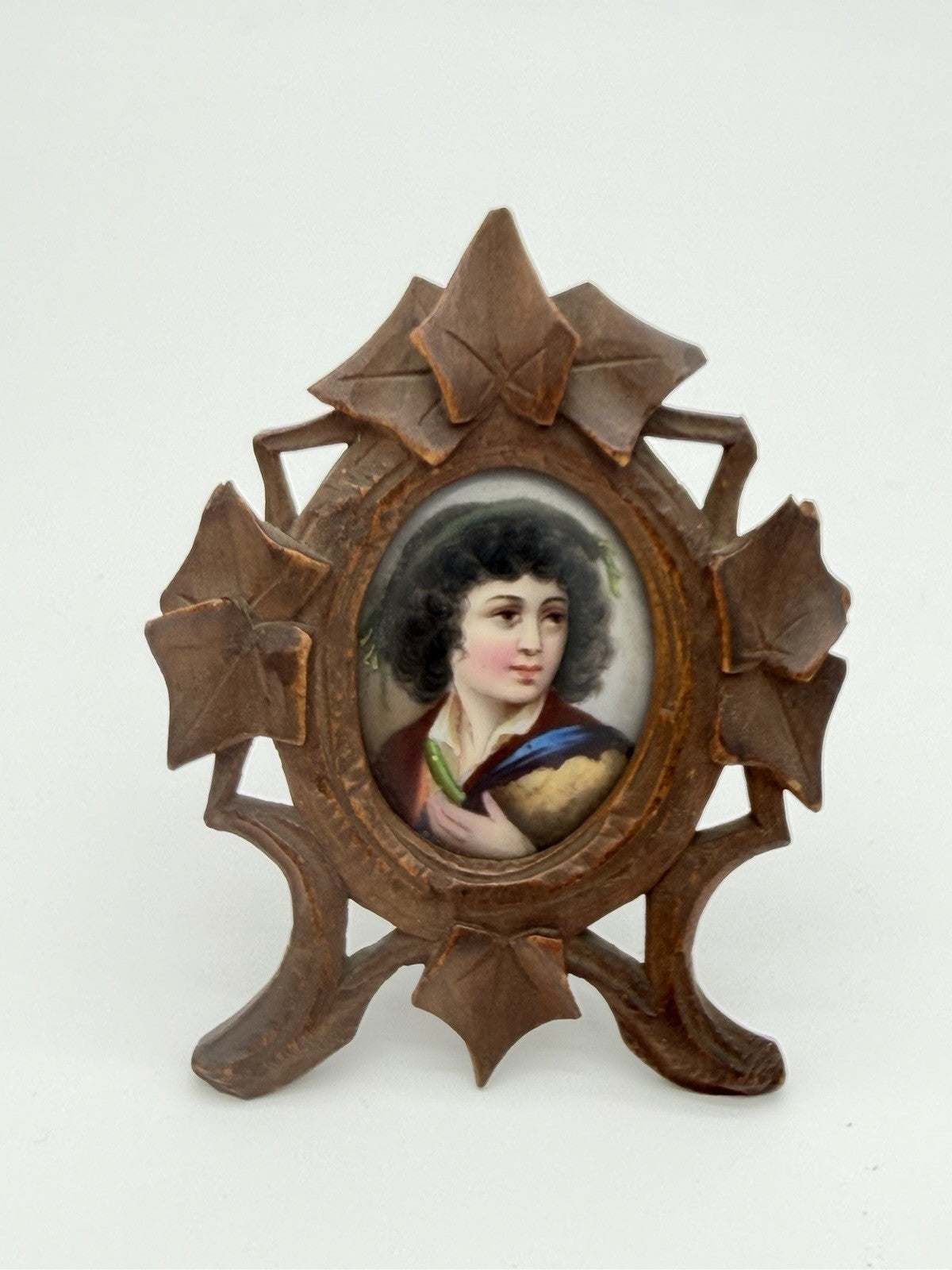 Antique Black Forest Carved Frame Painted Porcelain Young Portrait Miniature 3”H