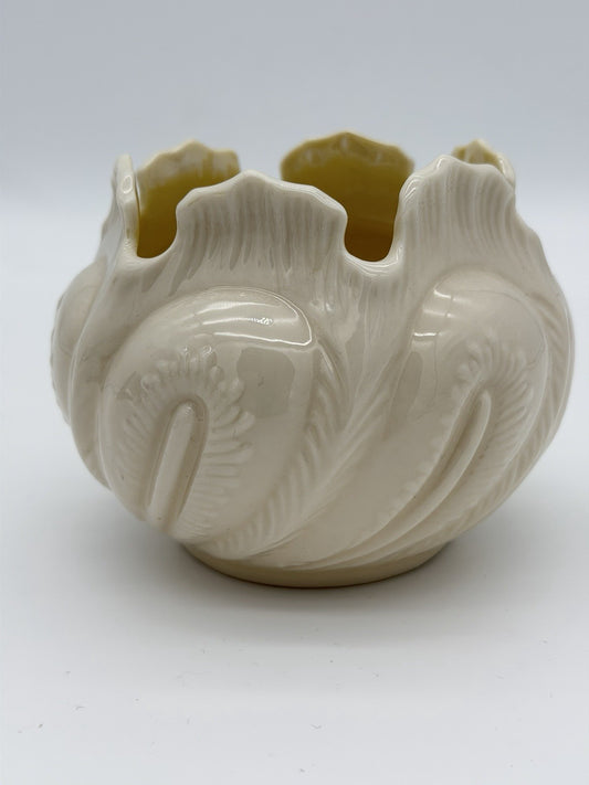 Belleek Ireland Porcelain Cabbage Leaf Planter Vase Yellow Luster  3 1/2” Vtg