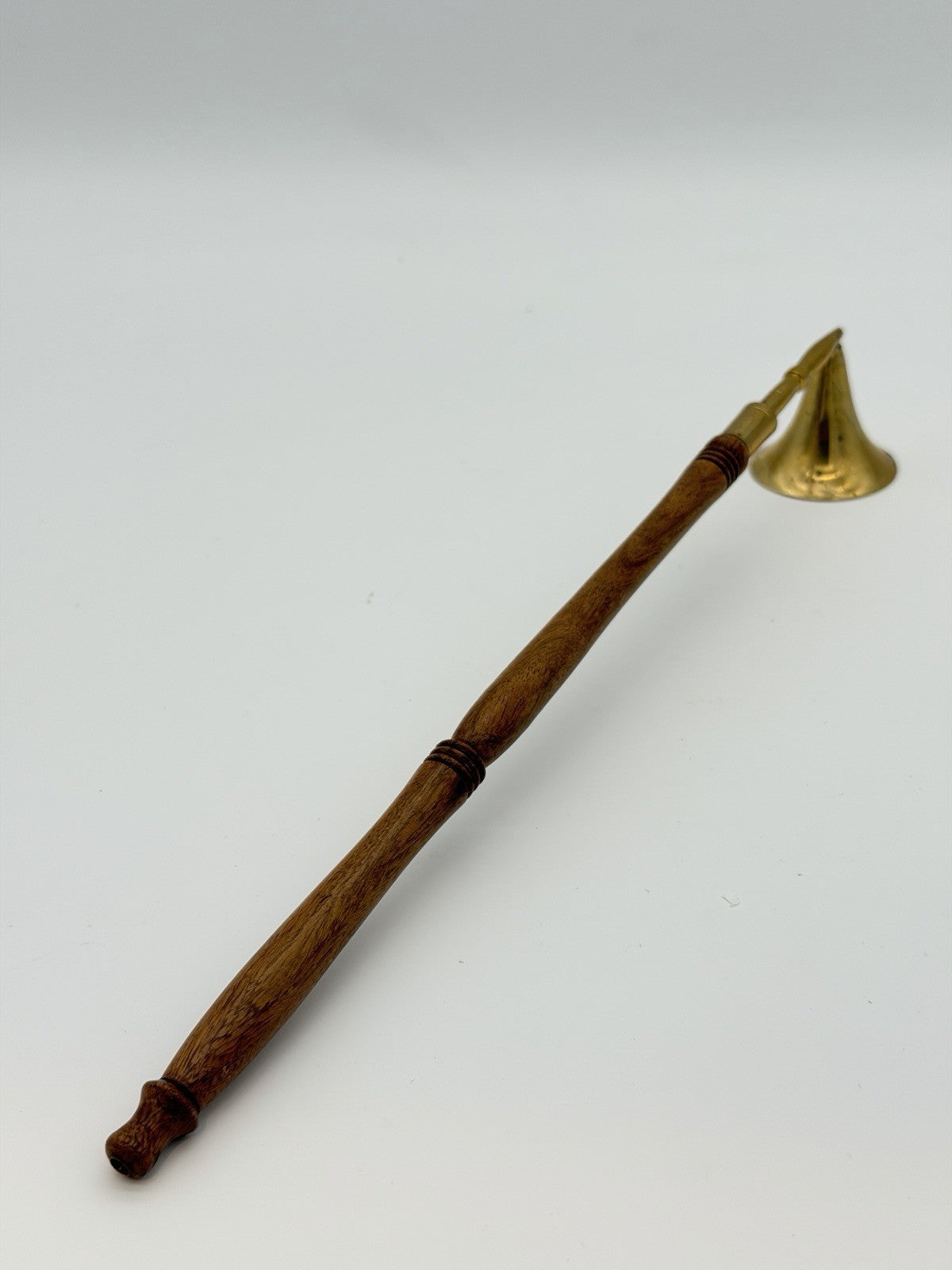 Vintage Brass /Wood Carved Handle Candle Snuffer 12” Retro Mid Century