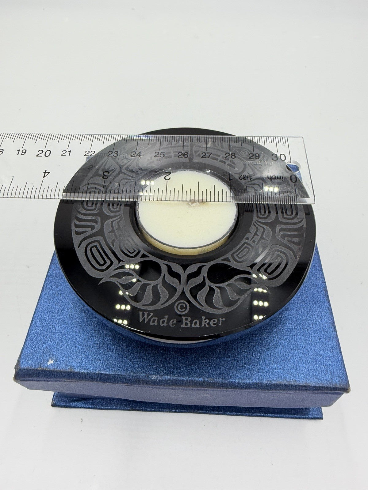 Wade Baker Double Wolf Spirit Etched Black Carved Glass Votive Candle Holder