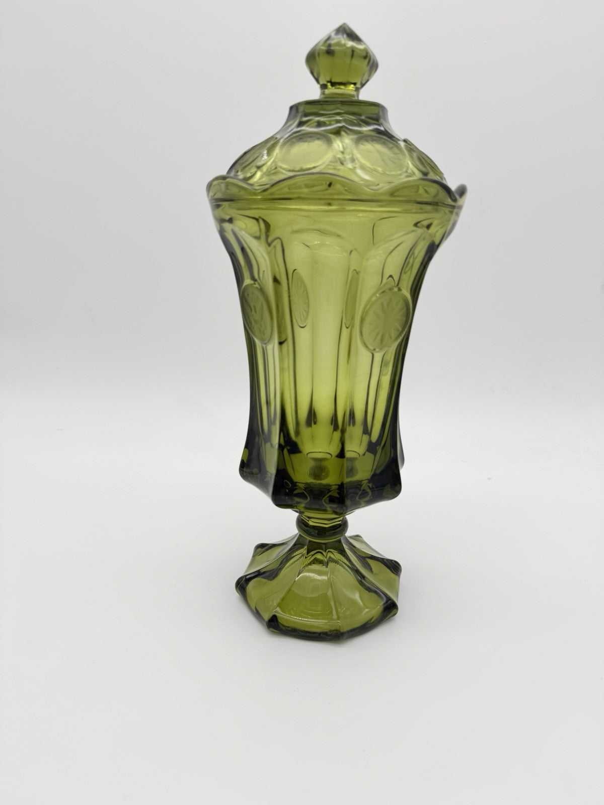 Fostoria Art Glass Embossed Coin 13”H olive Green Compote Lidded Urn Vase