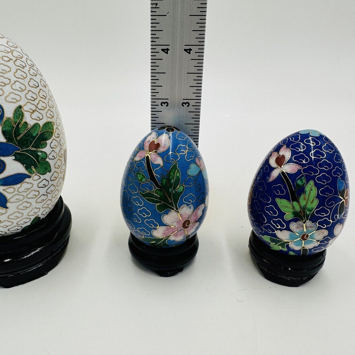 Cloisonné Chinese Easter Eggs Enamel Floral Butterfly Set Set of 3 Vintage