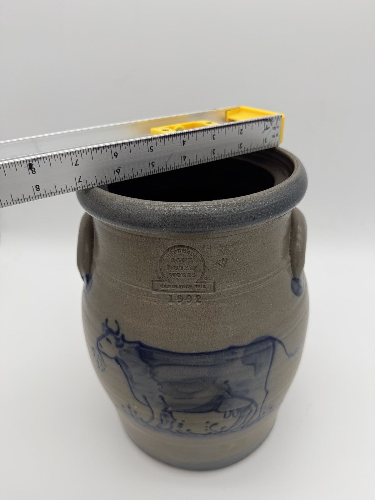 Rowe Pottery Works Lidded Canister Cow Salt Glaze Stoneware 10.75” Gallon 1990