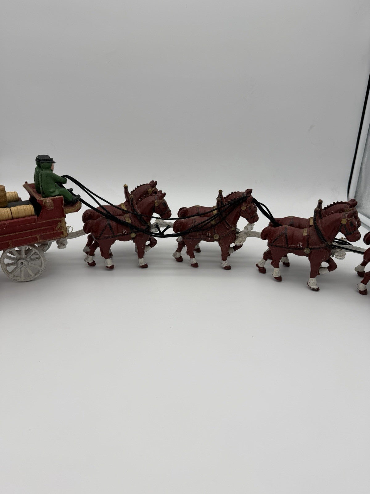 Vintage Budweiser Clydesdale Horse & Beer Wagon Cast Iron Set w/ 11 Wood Barrels