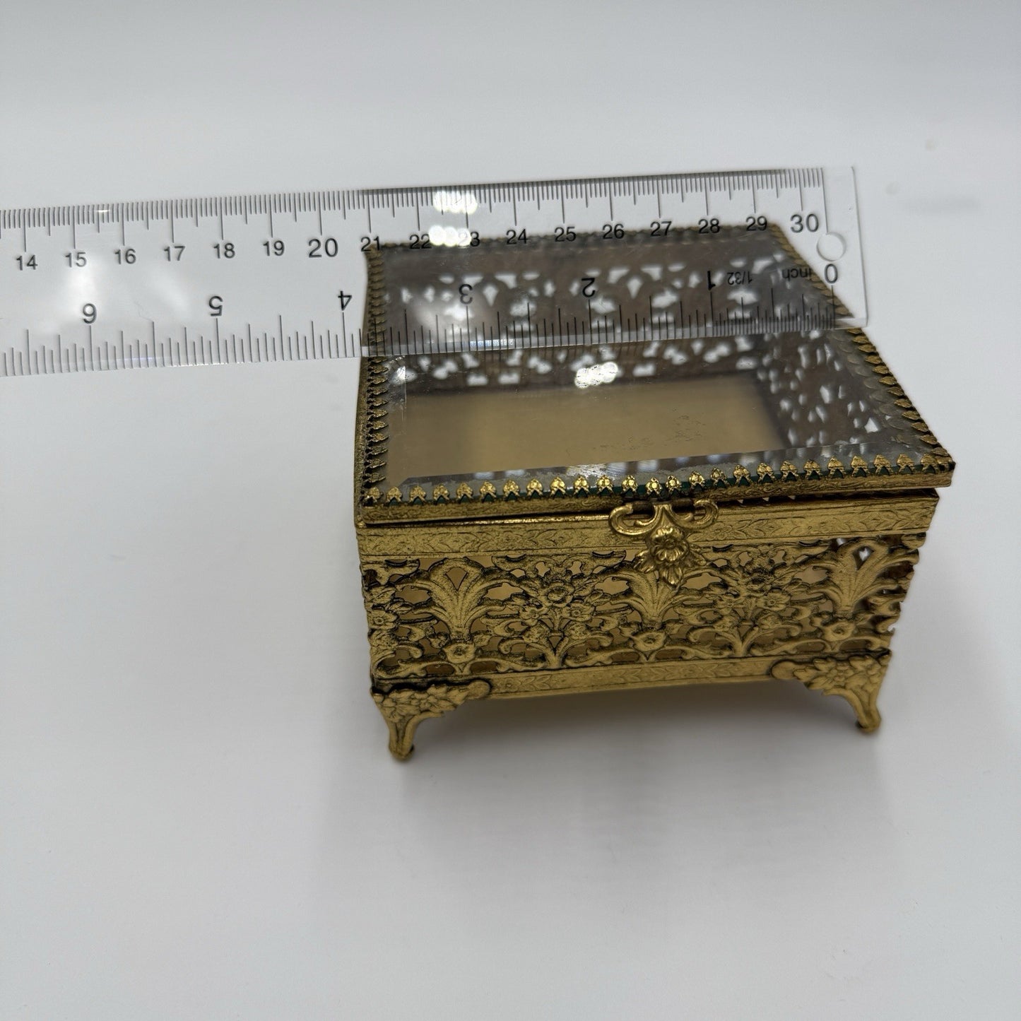 Ormolu gold filigree jewelry casket with beveled glass Hollywood Regency Box
