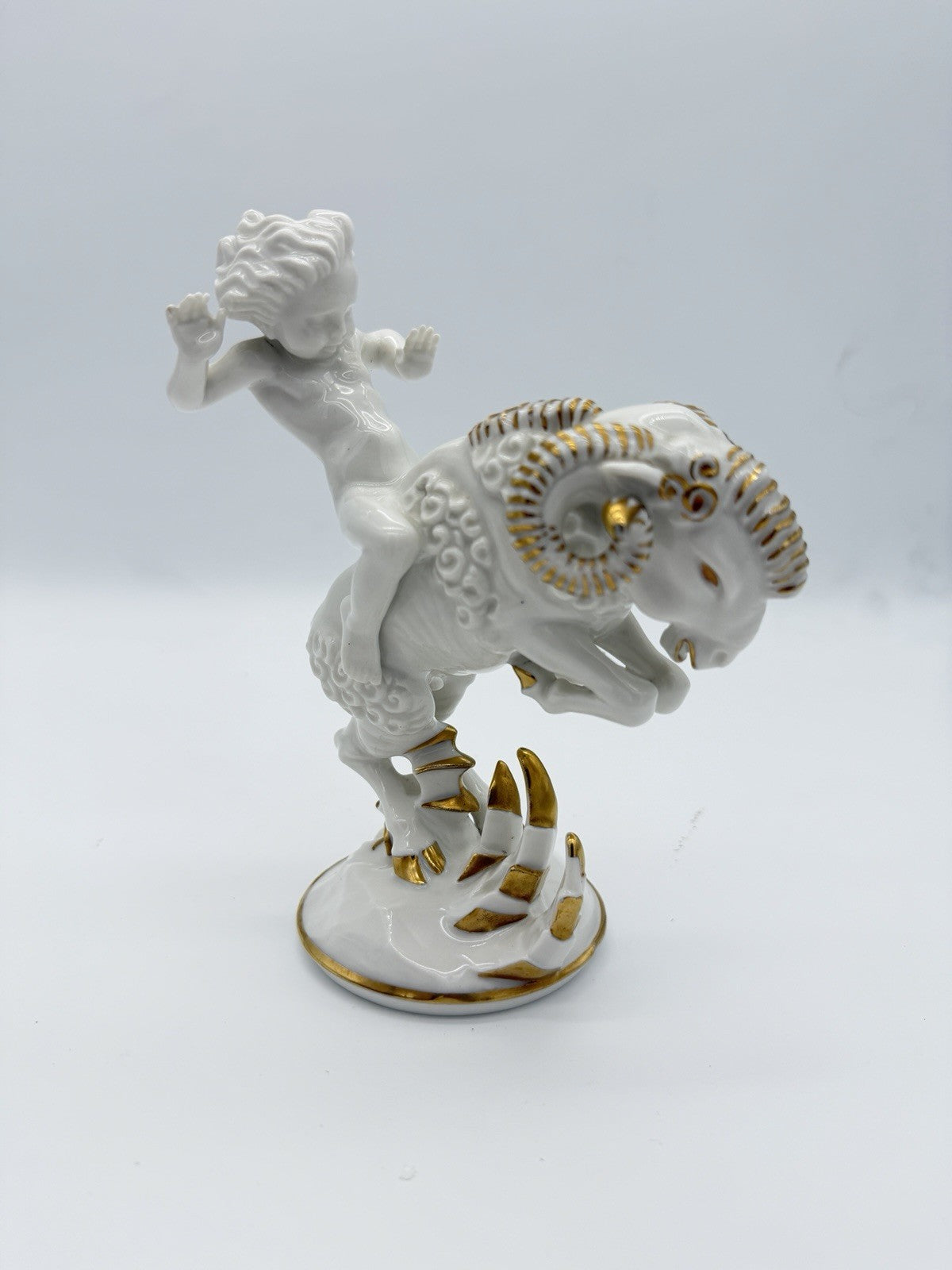Hutschenreuther Art Deco porcelain High Spirits putto riding ram figurine 7”