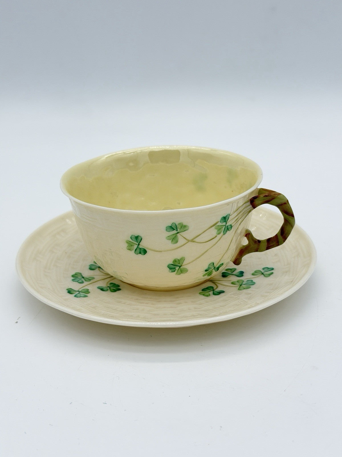 Belleek Irish Porcelain Shamrock Teacup & Saucer 5th Green Mark 1955–1965