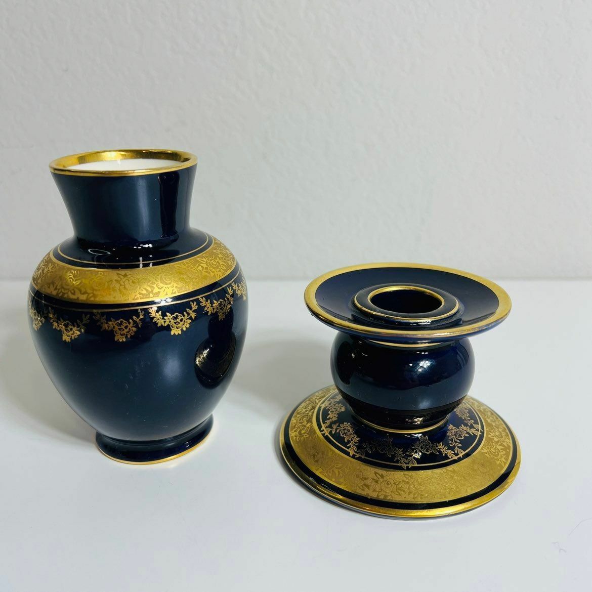 Lindner Kueps Candleholder Vase Bavaria Blue Cobalt Germany Set 2 Vintage Pair