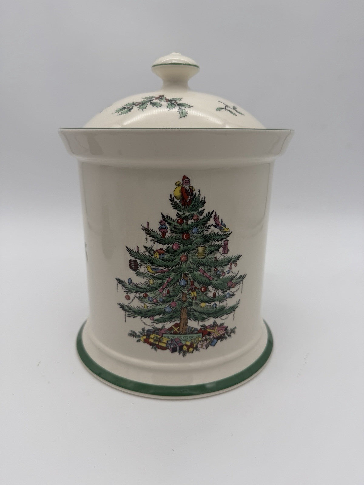 Spode Christmas Tree Canister Cookie Jar W/Rubber Seal On Lid 9”H Vtg England
