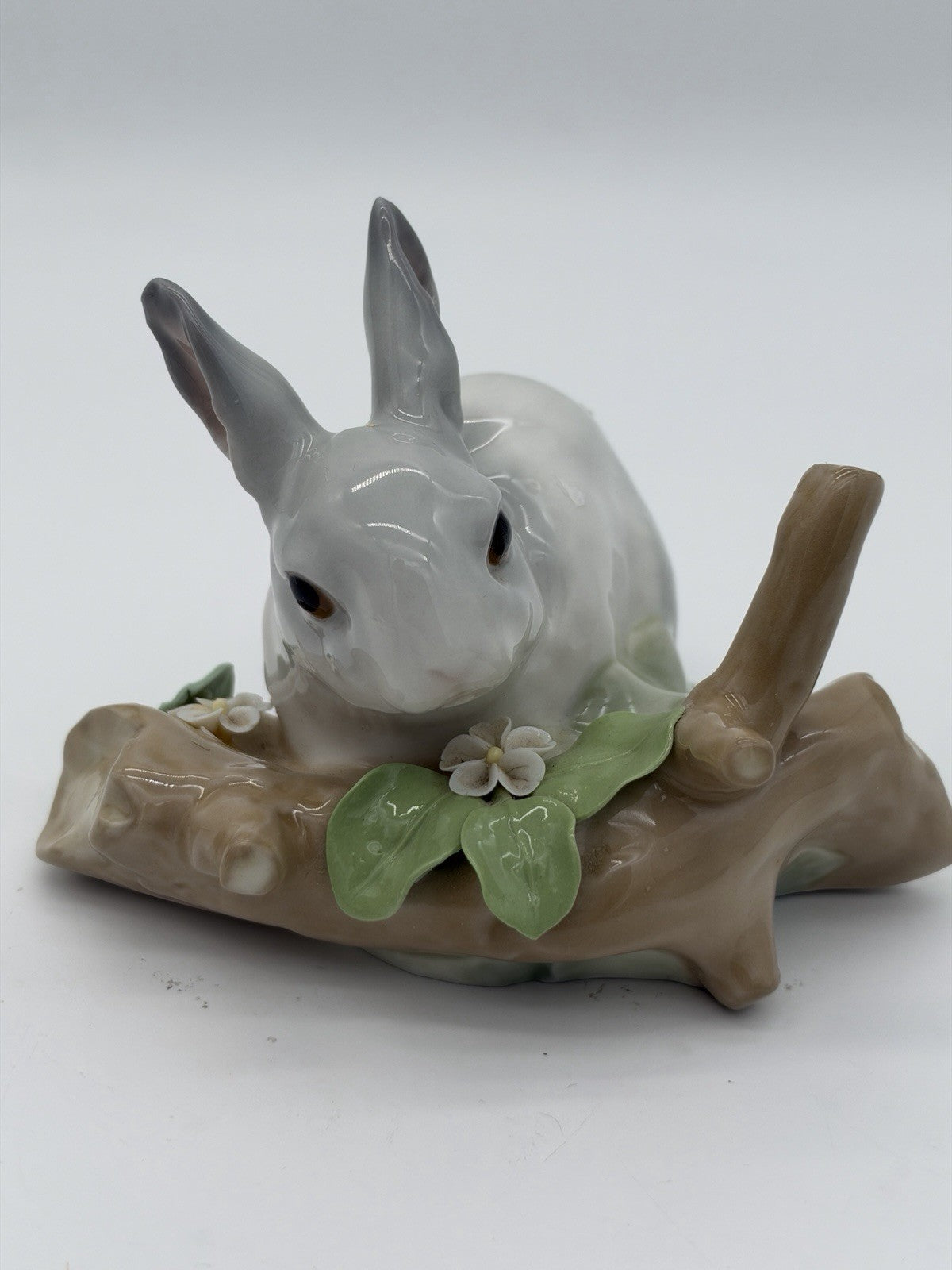 Lladro Spain Porcelain Bunny Rabbit Eating On Branch Gray /white Figurine Vintag