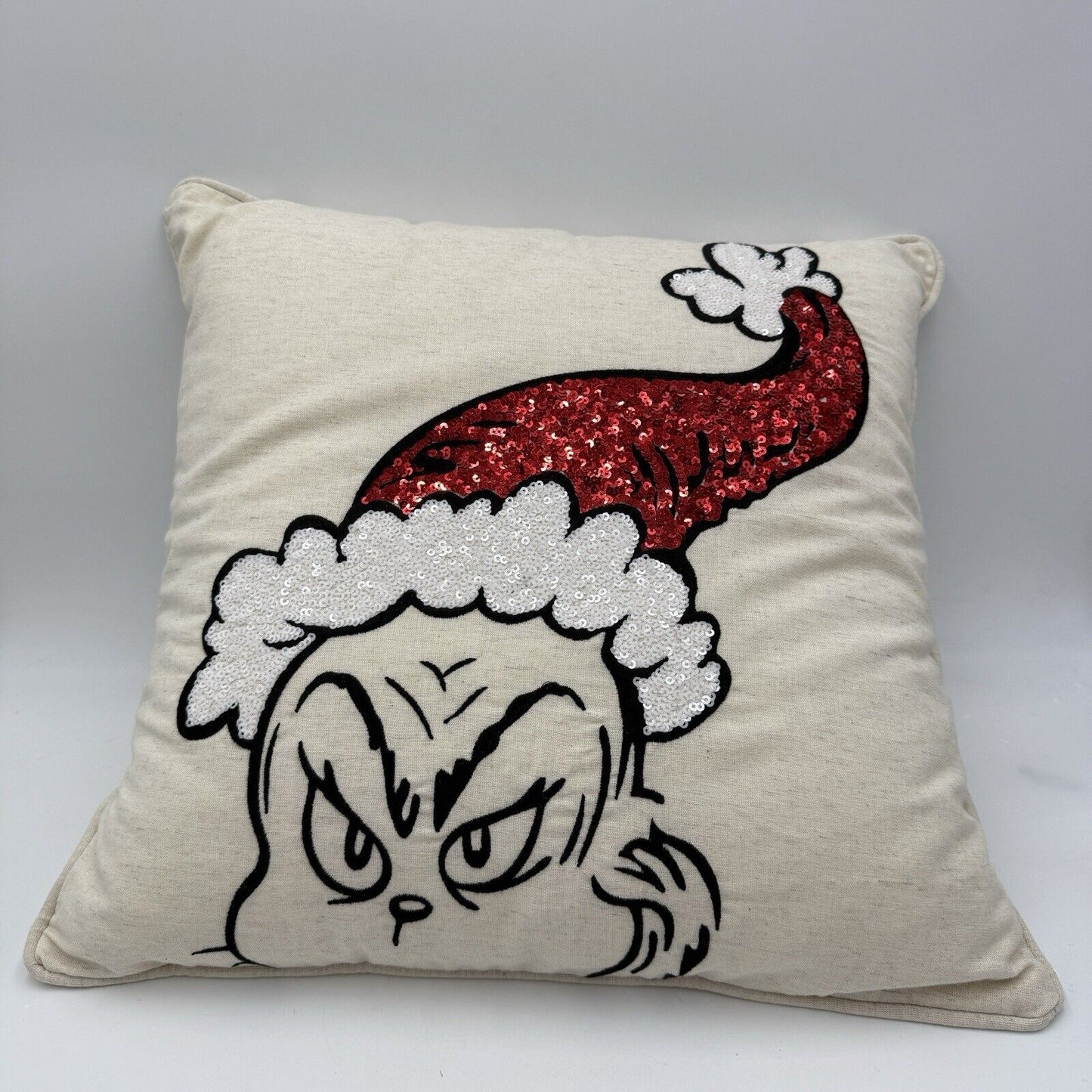 Pottery Barn Dr Seuss THE GRINCH Christmas Sequined Pillow 18x18”