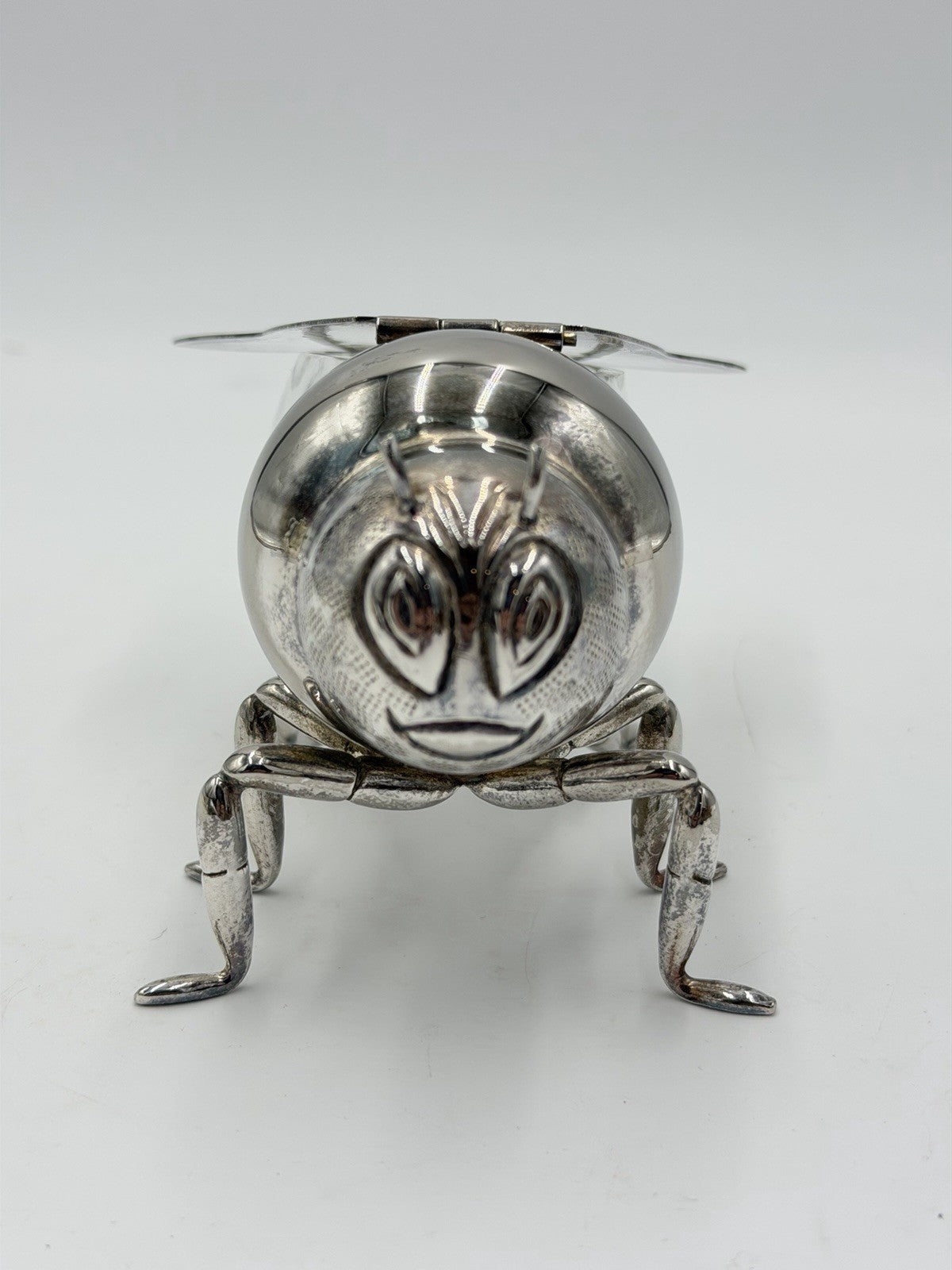 Antique Silver Plate & Glass Honey Bee Honey Pot Unmarked 6" Long x 3" Tall