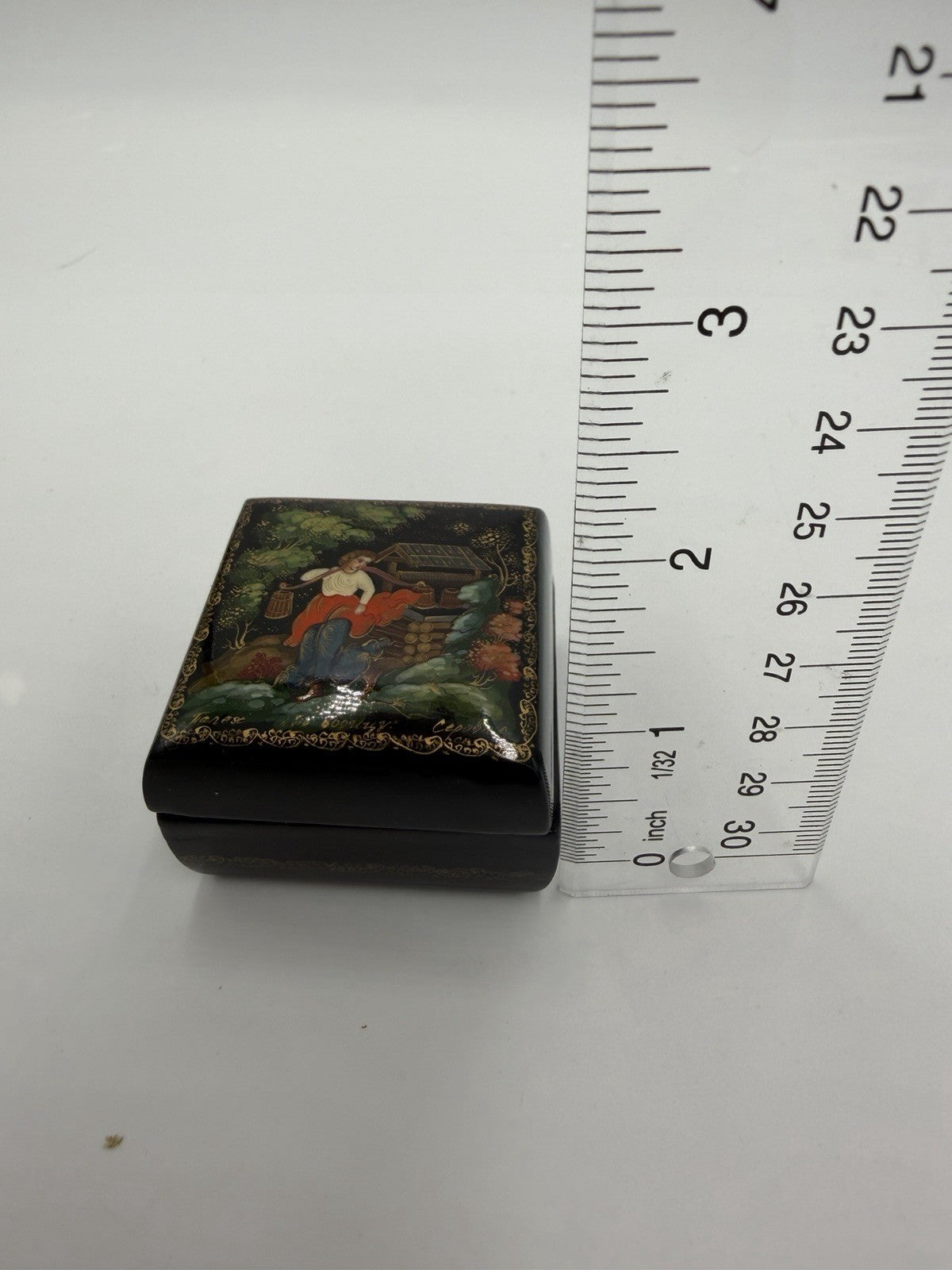 Folk Art Russian Wood Lacquer Box 80s Handpainted Fairy Tale Woman in the Well