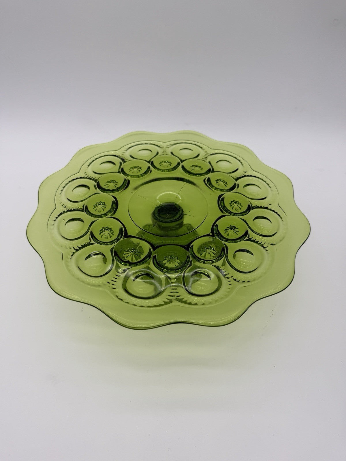 MCM LE Smith Moon & Star Cake Stand Heritage Green Art Glass Pastry Plate 11”
