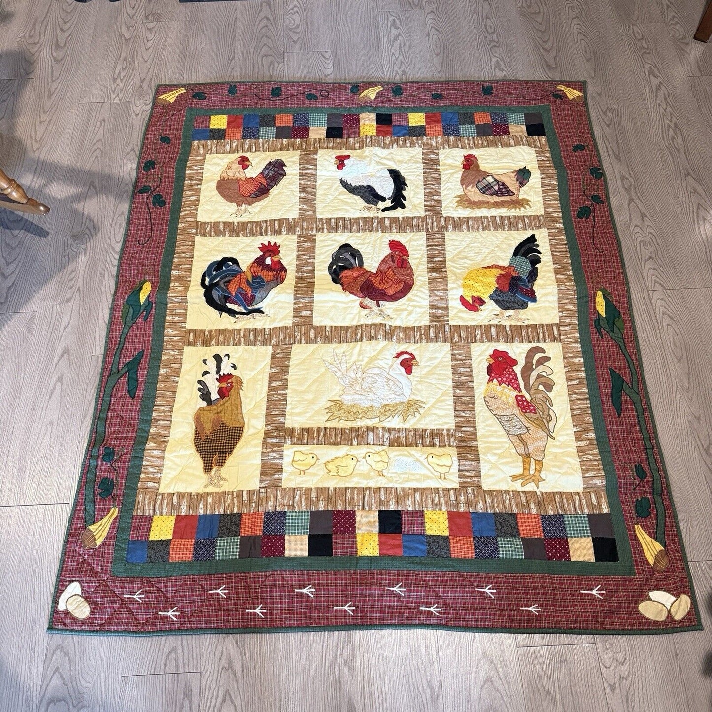 Patch Magic Hand Appliqued Quilted Rooster Throw 50"W x 60"L