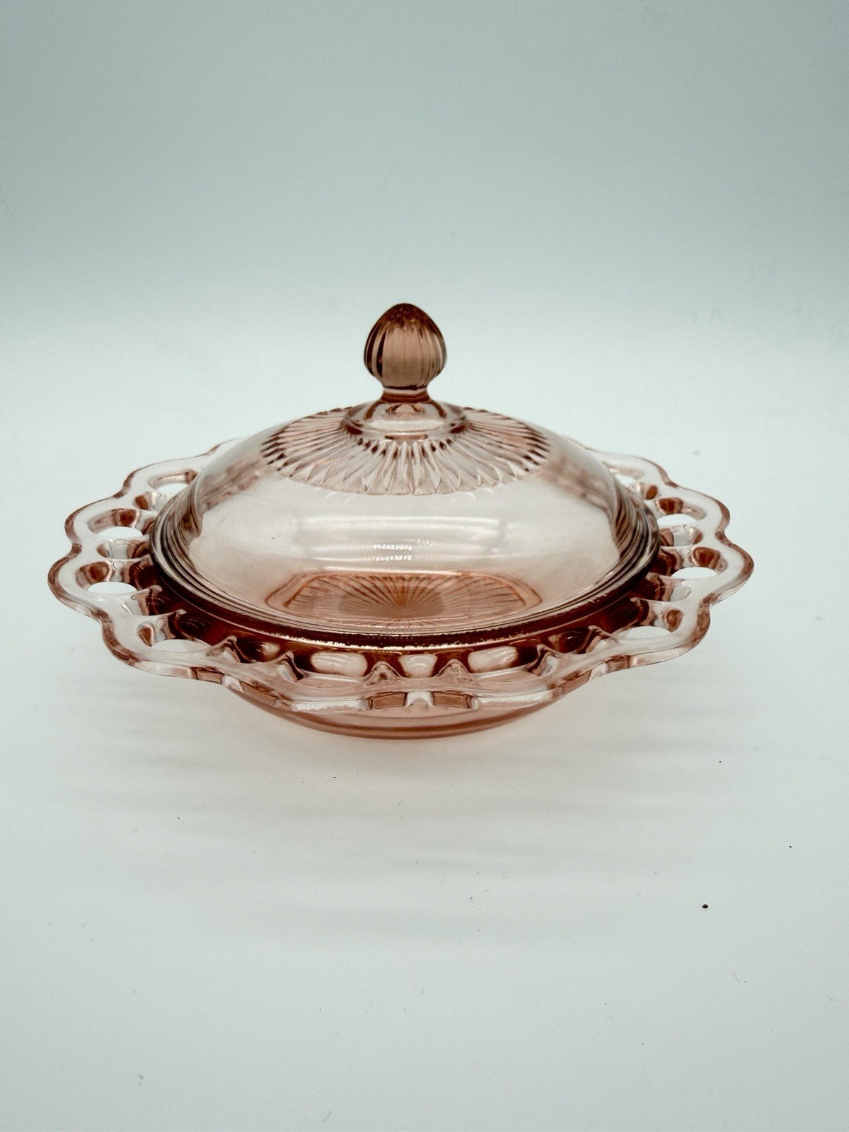 Vtg Anchor Hocking Art Glass Old Colony Lace Edge Pink Depression Butter Dish