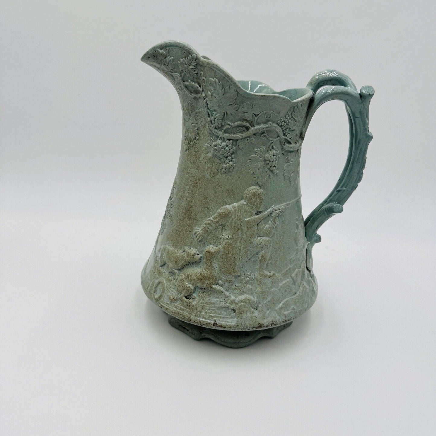 Parian Ware Relief Jug Pitcher Large Green Pottery Embossed Grapes Antique