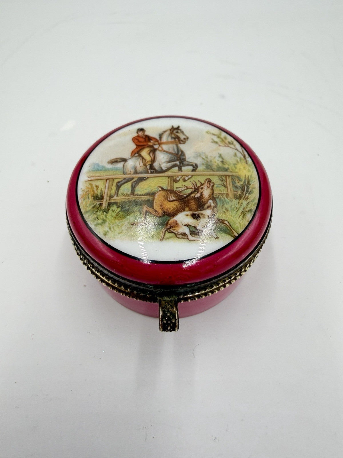 Rare Antique Czechoslovakian Painted PorcelainTrinket Box Equestrian hunt scene