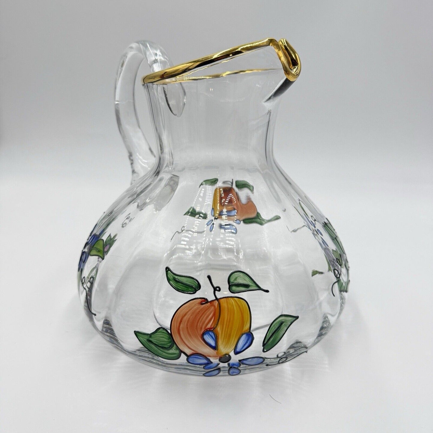 Vtg. Fifth Ave Crystal Ltd. Romanian Glass Hand Painted Pitcher 22k Gold Large