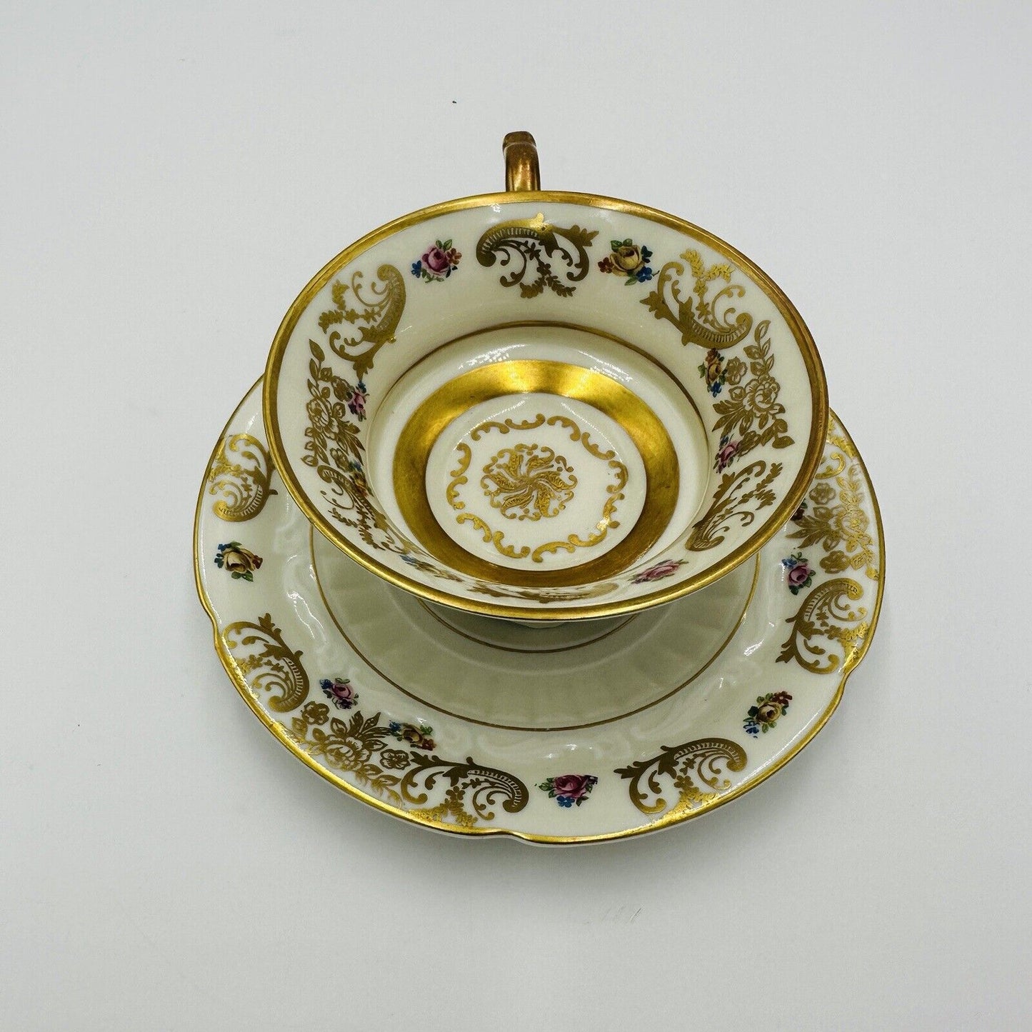 Hertel-Jacob Rehau Teacup Saucer Bavaria Porcelain 9624 Floral Gold Trim German