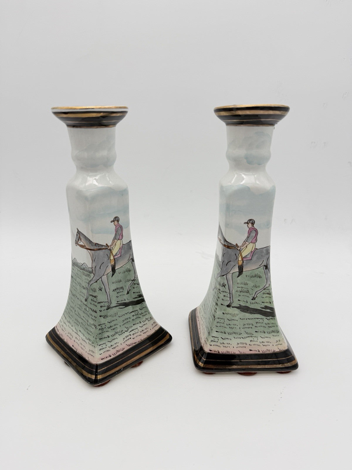 Vintage Chinese Equestrian Hand-Painted Porcelain Candle Holder by Nieman Marcus
